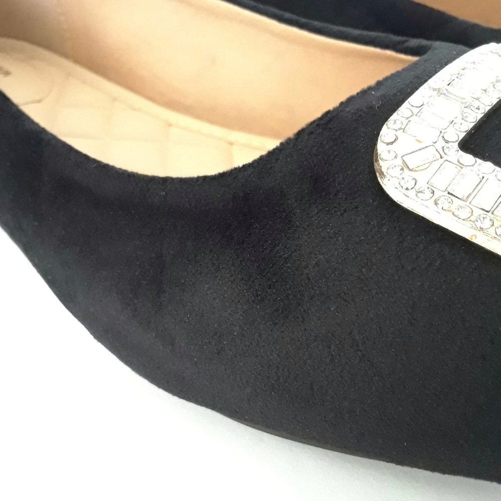 Black Velvet Rhinestone Buckle Pointed Toe Ballet Flats - Picture 11 of 15